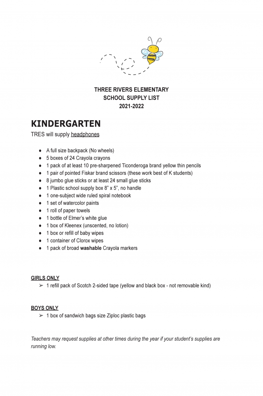 kindergarten supply list